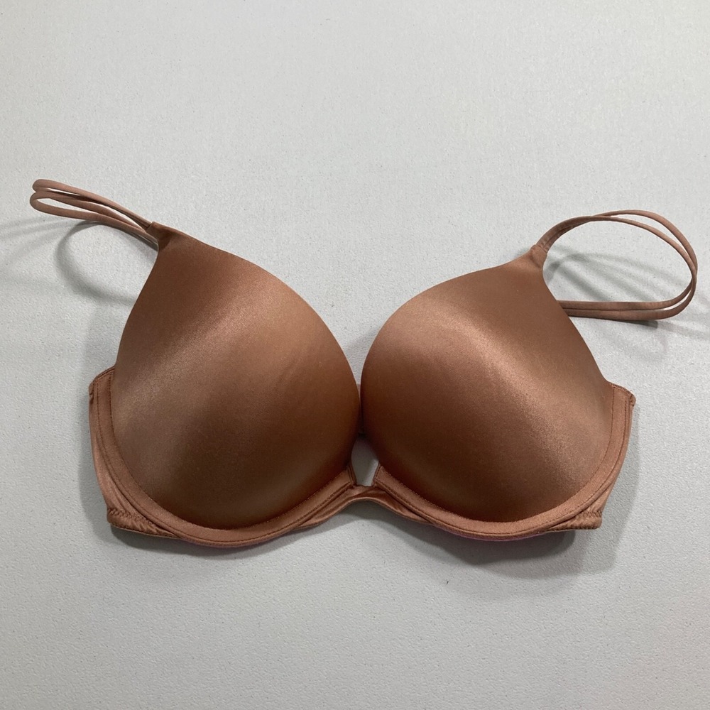 Victorias Secret Womens Bra 34C Bronze Satin Push Up Pink Logo Y2K